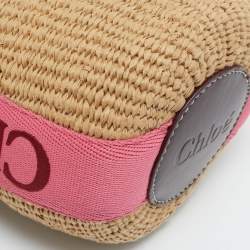 Chloé Beige/Pink Raffia and Canvas Small Woody Basket Bag