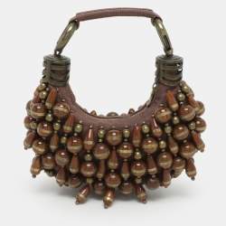 Chloe Brown Canvas Beads Embellished Hobo