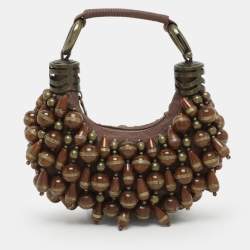 Chloe Brown Canvas Beads Embellished Hobo