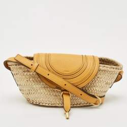 Chloé Mustard/Beige Woven Raffia and Leather Marcie Basket Bag