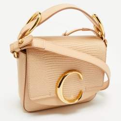 Pre Owned Chloé Peach Lizard Embossed Leather Mini C Top Handle Bag