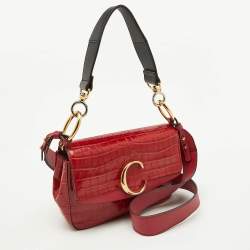 Pre Owned Chloe Red Croc Embossed Leather C Mini Top Handle Bag