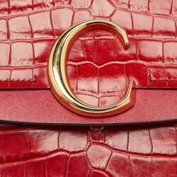 Pre Owned Chloe Red Croc Embossed Leather C Mini Top Handle Bag