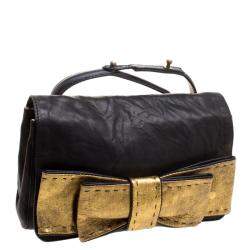 Pre Owned Chloe Black Leather Gold Bow Flap Clutch