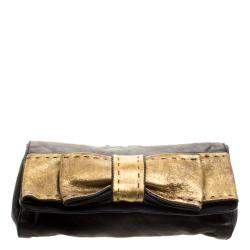 Pre Owned Chloe Black Leather Gold Bow Flap Clutch