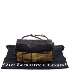 Pre Owned Chloe Black Leather Gold Bow Flap Clutch