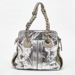 Pre Owned Chloe Metallic Silver/Grey Python and Leather Heloise Satchel