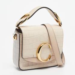 Pre Owned Chloé Blush Pink/Grey Croc Embossed Leather Mini C Top Handle Bag