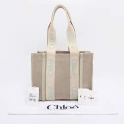 Pre Owned Chloé Beige/Light Eucalyptus Canvas and Leather Medium Woody Tote