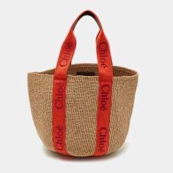 Pre Owned Chloe Beige/Orange Woven Raffia and Canvas Woody Basket Bag