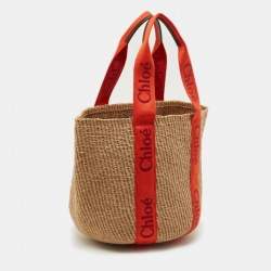 Pre Owned Chloe Beige/Orange Woven Raffia and Canvas Woody Basket Bag