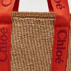 Pre Owned Chloe Beige/Orange Woven Raffia and Canvas Woody Basket Bag