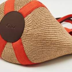 Pre Owned Chloe Beige/Orange Woven Raffia and Canvas Woody Basket Bag