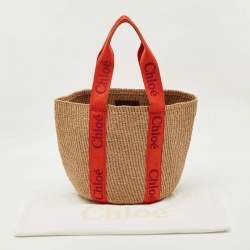 Pre Owned Chloe Beige/Orange Woven Raffia and Canvas Woody Basket Bag