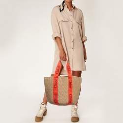Pre Owned Chloe Beige/Orange Woven Raffia and Canvas Woody Basket Bag