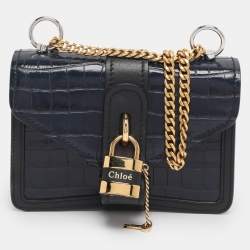 Pre Owned Chloé Navy Blue Croc Embossed Leather Mini Aby Shoulder Bag