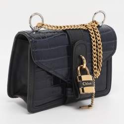Pre Owned Chloé Navy Blue Croc Embossed Leather Mini Aby Shoulder Bag