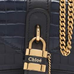 Pre Owned Chloé Navy Blue Croc Embossed Leather Mini Aby Shoulder Bag