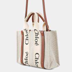 Pre Owned Chloe Woody 2Way Tote Bag Beige/Brown Canvas Leather Size Small