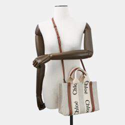 Pre Owned Chloe Woody 2Way Tote Bag Beige/Brown Canvas Leather Size Small