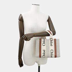 Pre Owned Chloe Woody 2Way Tote Bag Beige/Brown Canvas Leather Size Small