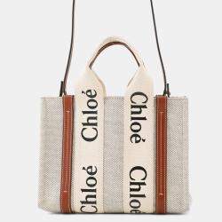 Pre Owned Chloe Woody 2Way Tote Bag Beige/Brown Canvas Leather Size Small