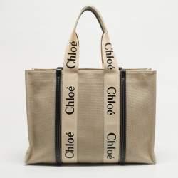 Pre Owned Chloe Beige/Black Canvas and Leather Large Woody Tote