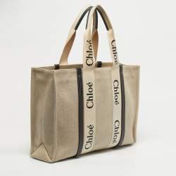 Pre Owned Chloe Beige/Black Canvas and Leather Large Woody Tote