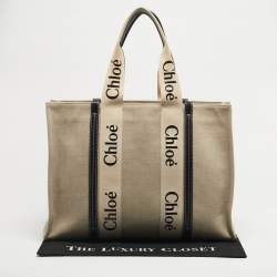 Pre Owned Chloe Beige/Black Canvas and Leather Large Woody Tote