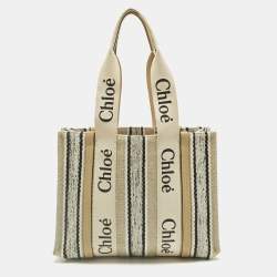 Pre Owned Chloé Beige/Black Canvas and Leather Medium Striped Woody Tote