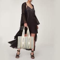 Pre Owned Chloé Beige/Black Canvas and Leather Medium Striped Woody Tote