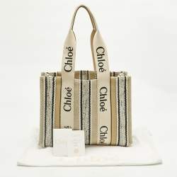 Pre Owned Chloé Beige/Black Canvas and Leather Medium Striped Woody Tote