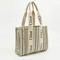 Pre Owned Chloé Beige/Black Canvas and Leather Medium Striped Woody Tote