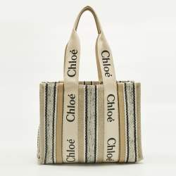 Pre Owned Chloé Beige/Black Canvas and Leather Medium Striped Woody Tote