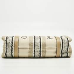 Pre Owned Chloé Beige/Black Canvas and Leather Medium Striped Woody Tote