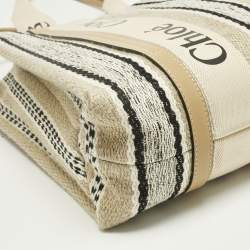 Pre Owned Chloé Beige/Black Canvas and Leather Medium Striped Woody Tote