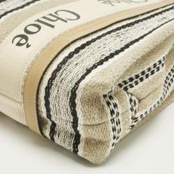 Pre Owned Chloé Beige/Black Canvas and Leather Medium Striped Woody Tote