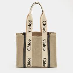 Pre Owned Chloé Beige/Navy Blue Canvas Medium Woody Tote