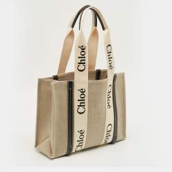 Pre Owned Chloé Beige/Navy Blue Canvas Medium Woody Tote