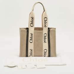 Pre Owned Chloé Beige/Navy Blue Canvas Medium Woody Tote