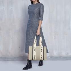 Pre Owned Chloé Beige/Navy Blue Canvas Medium Woody Tote