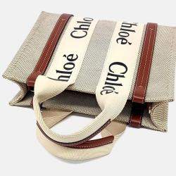 Pre Owned Chloe Beige Brown Fabric and Leather Woody Bag Small