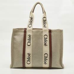 Pre Owned Chloe Woody Large Beige/Brown Canvas and Leather Tote