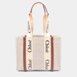 مملوكة مسبقًا حقيبة يد توتس كلوي وودي جلد كانفاس بنية بيج متوسطة