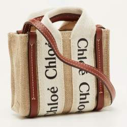 Pre Owned Chloe Woody Nano Beige/Brown Logo Canvas and Leather Tote