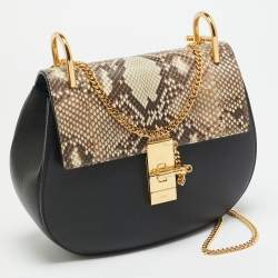 Pre Owned Chloe Drew Medium Black/Beige Leather and Python Shoulder Bag