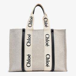 Pre Owned Chloe Beige Fabric Black Leather Trim Logo Woody Large Tote