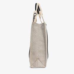 مملوكة مسبقًا Chloe Beige Fabric Black Leather Trim Logo Woody Large Tote