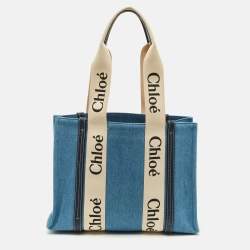 Pre Owned Chloé Woody Medium Blue Denim and Leather Tote
