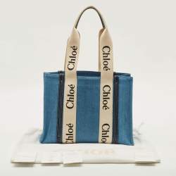 Pre Owned Chloé Woody Medium Blue Denim and Leather Tote